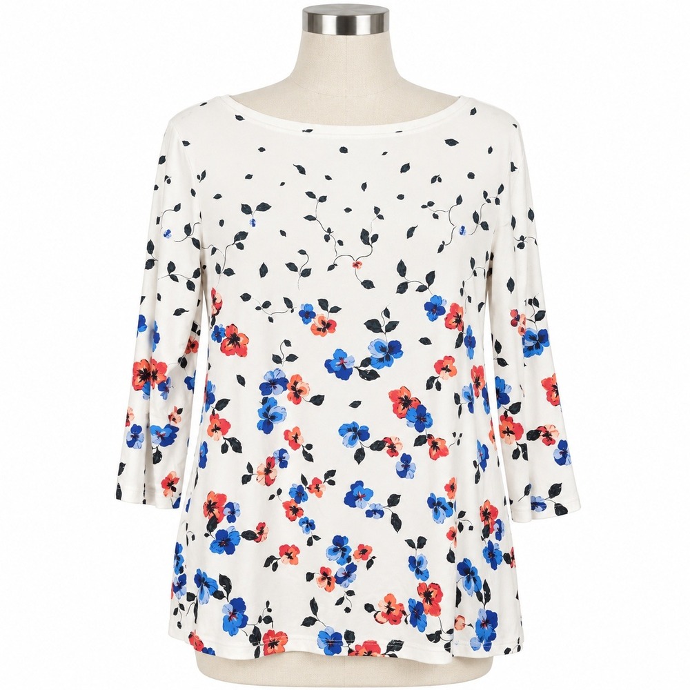 Ann Taylor Factory Floral Knit Top Womens XL White Blue Red Excellent Stretch